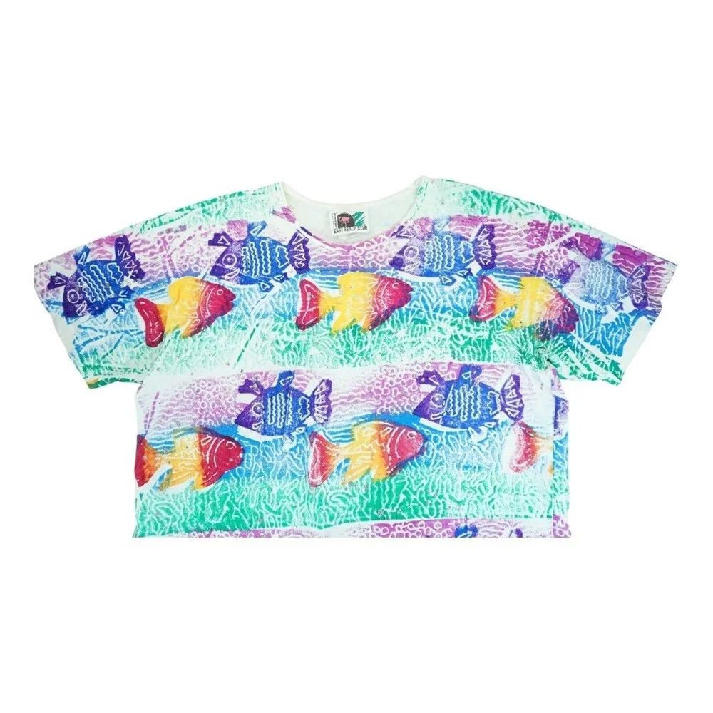 Vintage 1121 East Beach Club Women’s T Shirt One Size All Over Print W Glitter‎